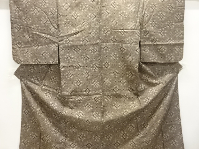 JAPANESE KIMONO / SILK / HAND WOVEN TSUMUGI / MUD DYE / ABSTRACT SHIPPO & FLOWERS